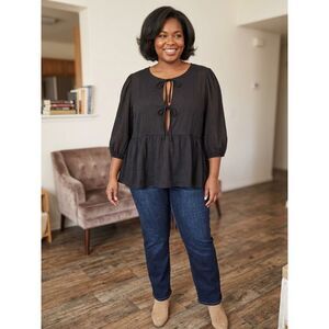 NWT Blue Sol Black Peasant Blouse Tie Neck Peplum Top Size 2X